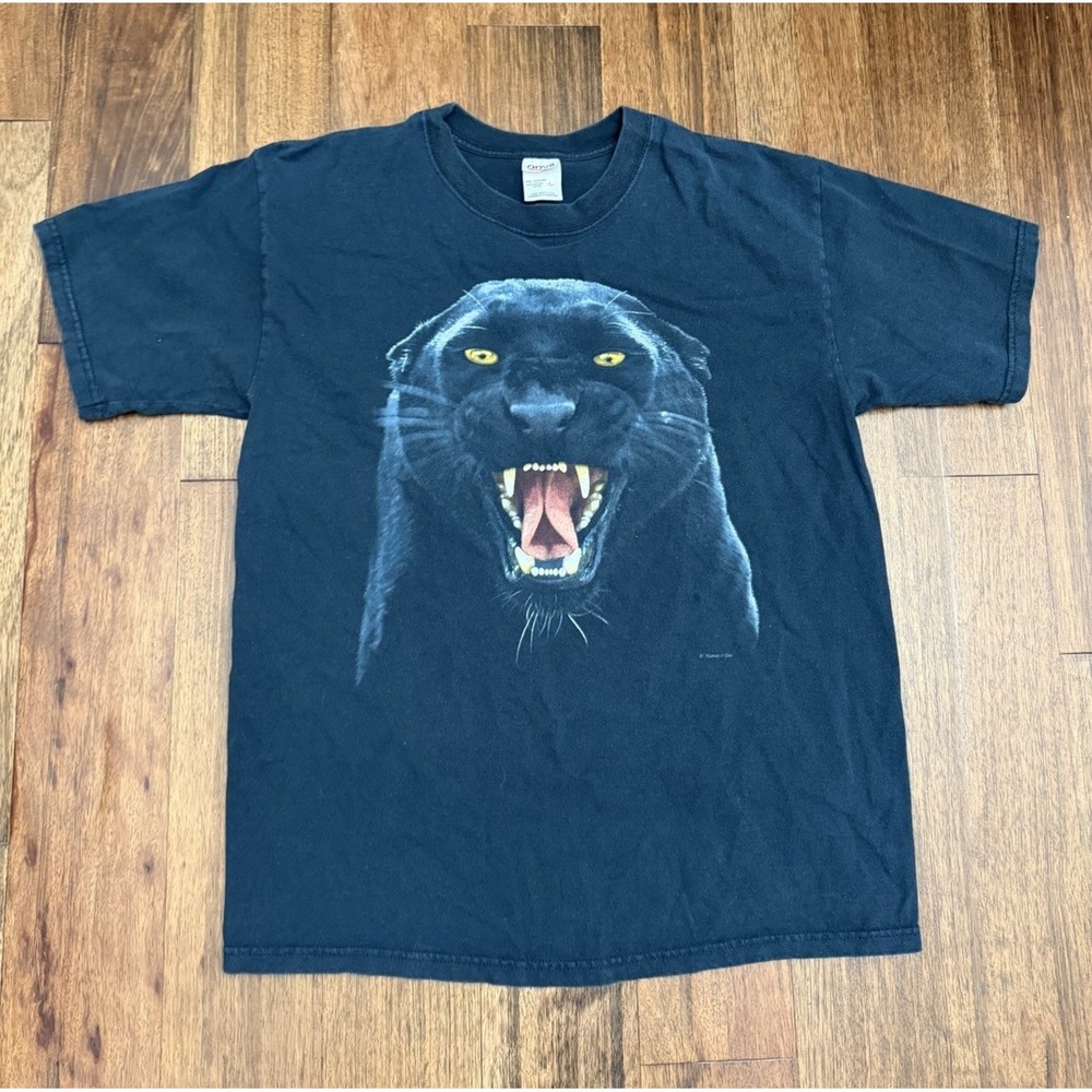 Anvil Vtg 90s Human Tees Black Panther T-Shirt Leopard Tiger Mens Size Large
